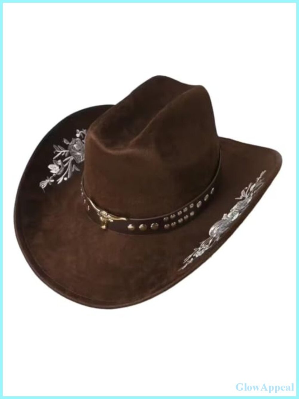 Western Felt Cowboy Hat with Floral Embroidery and Bull Head Decor